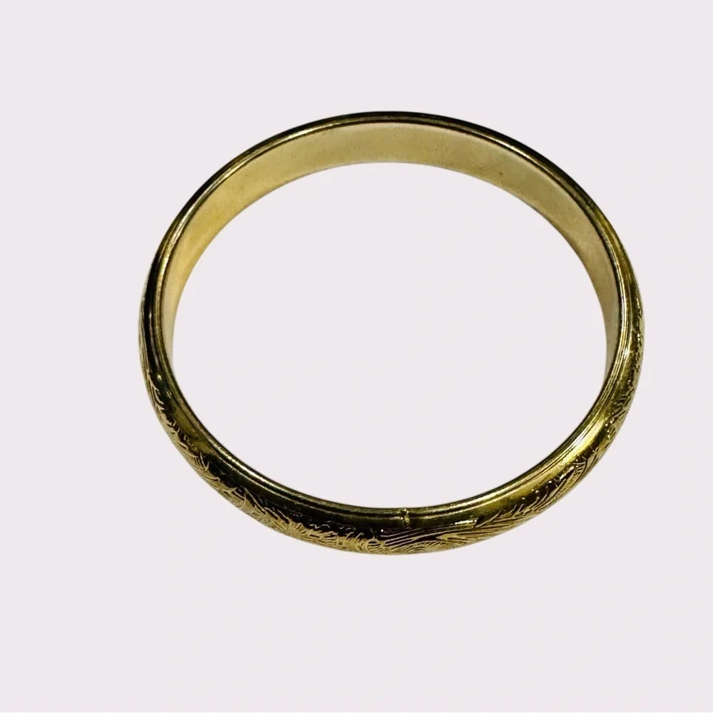Vintage Gold-Tone Engraved Bangle Bracelet | Floral Etched | Costume Jewelry